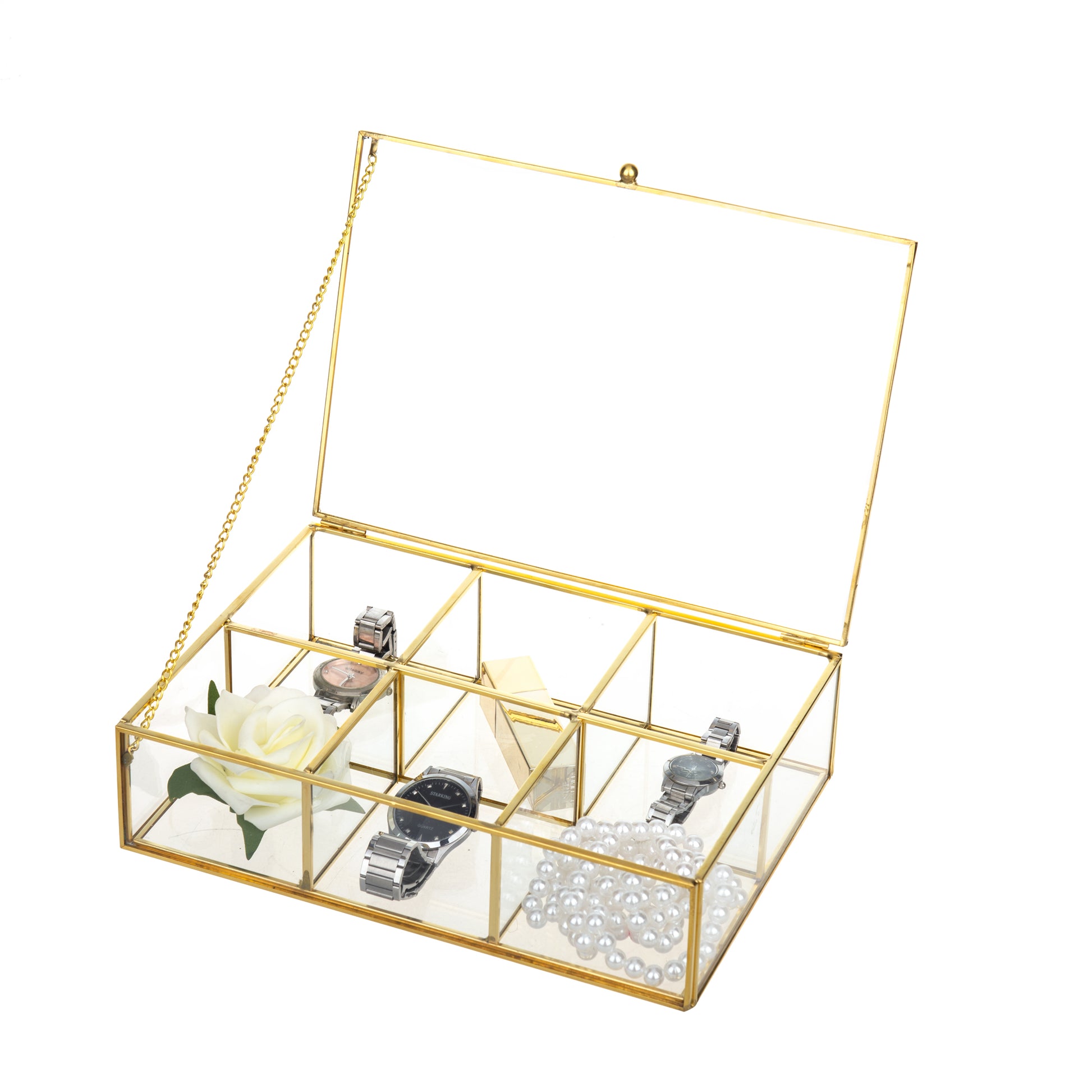 Gold Glass Vanity Box with a refined design that combines stylish display and practical organization