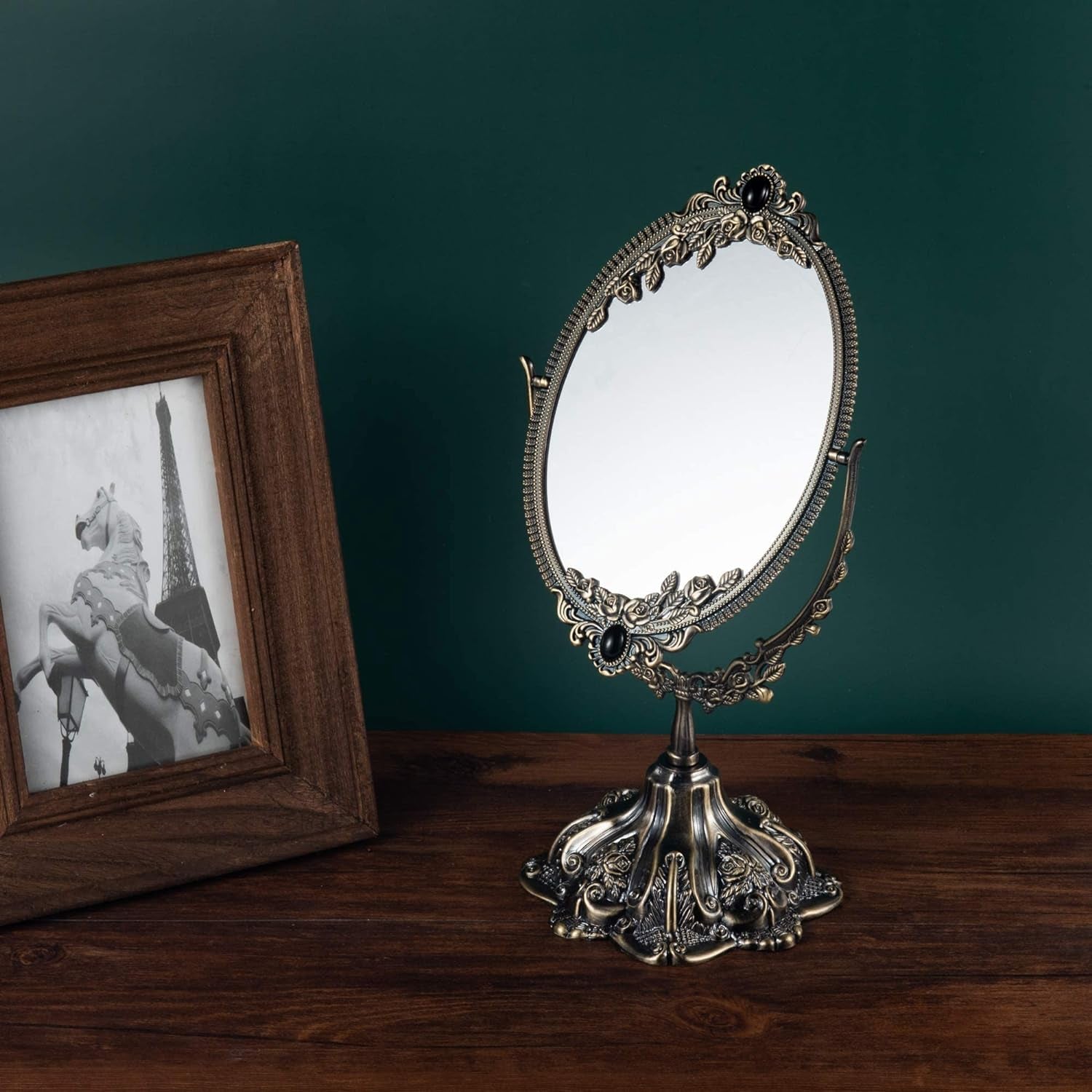Elegant Vintage Vanity Mirror placed on a tabletop featuring a swivel double-sided design for daily beauty routines