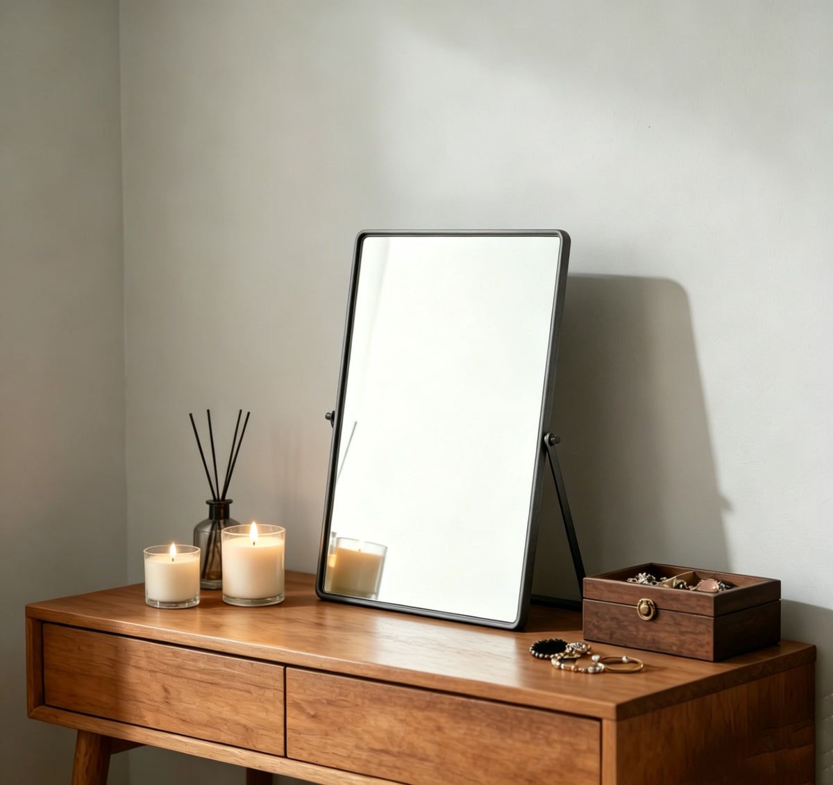 Black Tabletop Vanity Mirror Displayed on a Dresser Surface for Makeup, Grooming, and Daily Beauty Routines