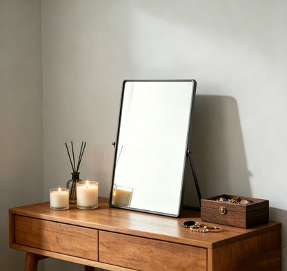 Black Tabletop Vanity Mirror Displayed on a Dresser Surface for Makeup, Grooming, and Daily Beauty Routines
