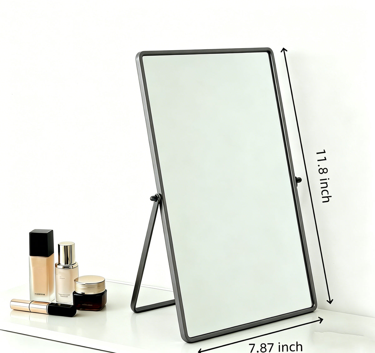 Black Desktop Makeup Vanity Mirror Size Diagram Showing 11.8 Inch Length and 7.87 Inch Width Dimensions