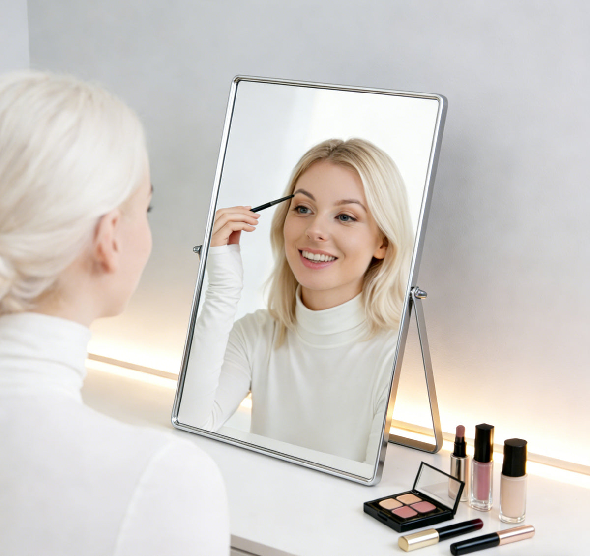 Feyarl Desktop Makeup Vanity Mirror Used on a Vanity Table During a Daily Beauty Routine with a Clear Reflection