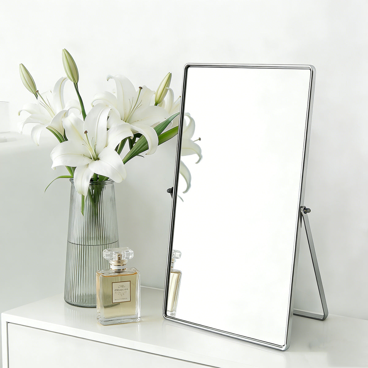 Feyarl Desktop Makeup Vanity Mirror with Silver Metal Frame, 90° Rotation Vertical Tabletop Cosmetic Mirror