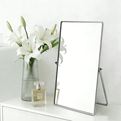 Feyarl Desktop Makeup Vanity Mirror with Silver Metal Frame, 90° Rotation Vertical Tabletop Cosmetic Mirror