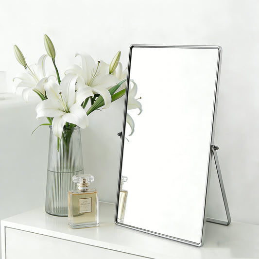 Feyarl Desktop Makeup Vanity Mirror with Silver Metal Frame, 90° Rotation Vertical Tabletop Cosmetic Mirror