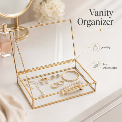 Glass Vanity Organizer with jewelry and hair accessories creating a stylish vanity setup