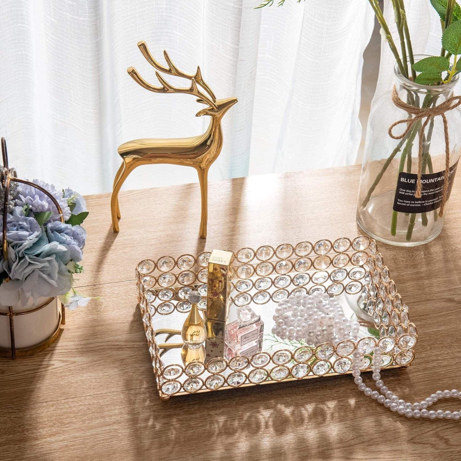 Luxury Handcrafted Crystal Vanity Tray filled with jewelry and accessories as an elegant centerpiece for bedroom decor