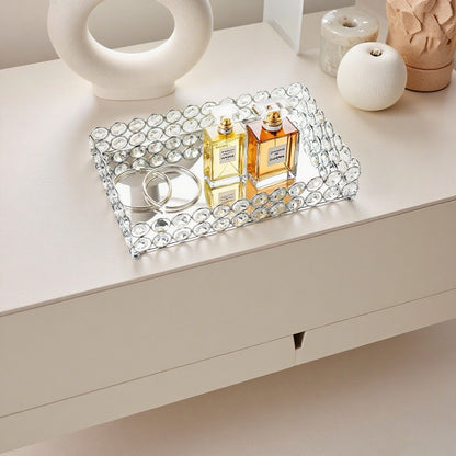 Elegant Crystal Vanity Tray placed on a home tabletop, creating an elegant display area for everyday items