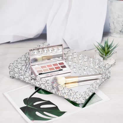 Crystal Vanity Tray displaying cosmetics and beauty essentials, creating an organized and elegant vanity space