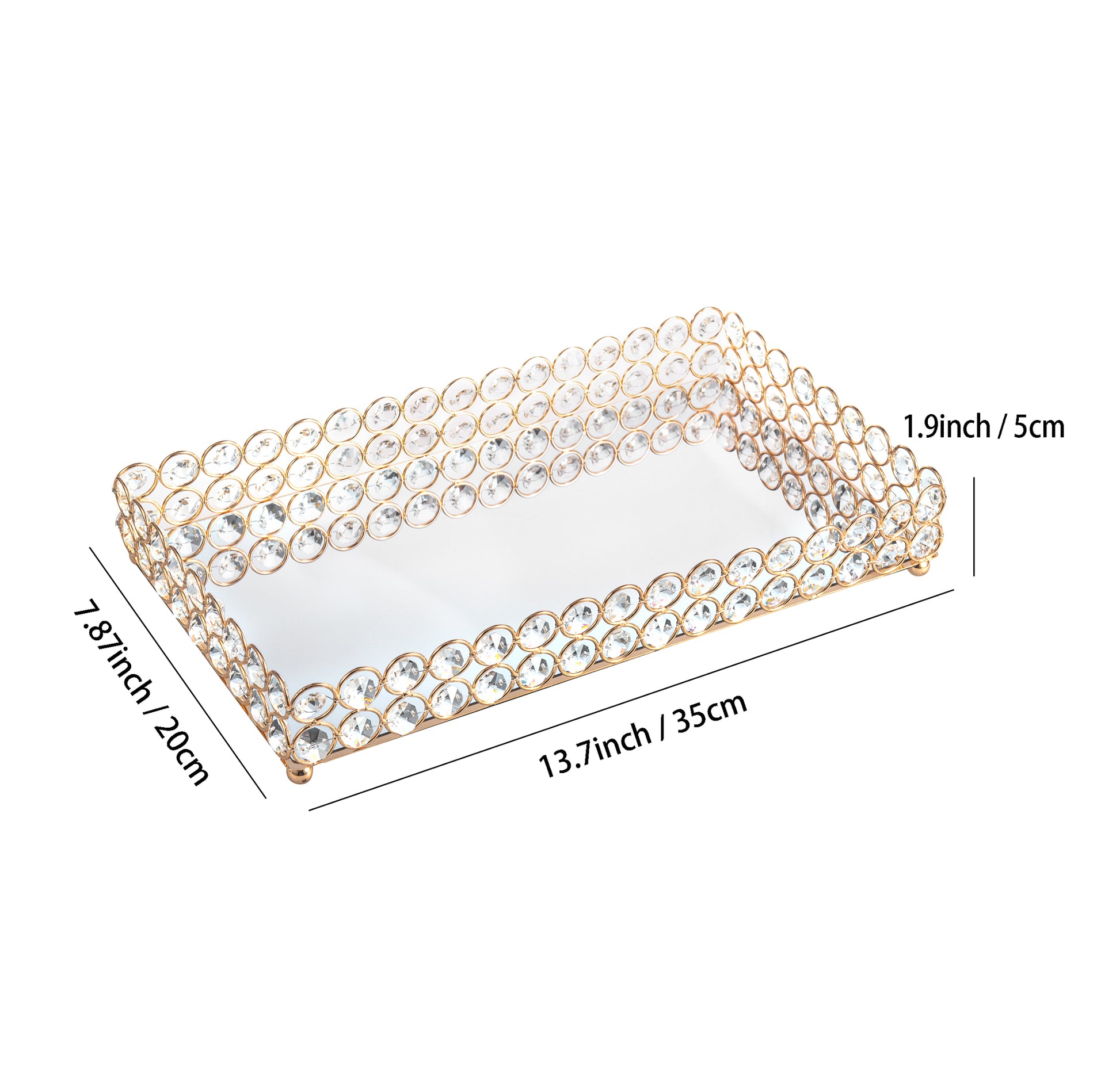 Crystal Vanity Tray size guide showing detailed product dimensions of 13.7 x 7.87 x 1.9 inches