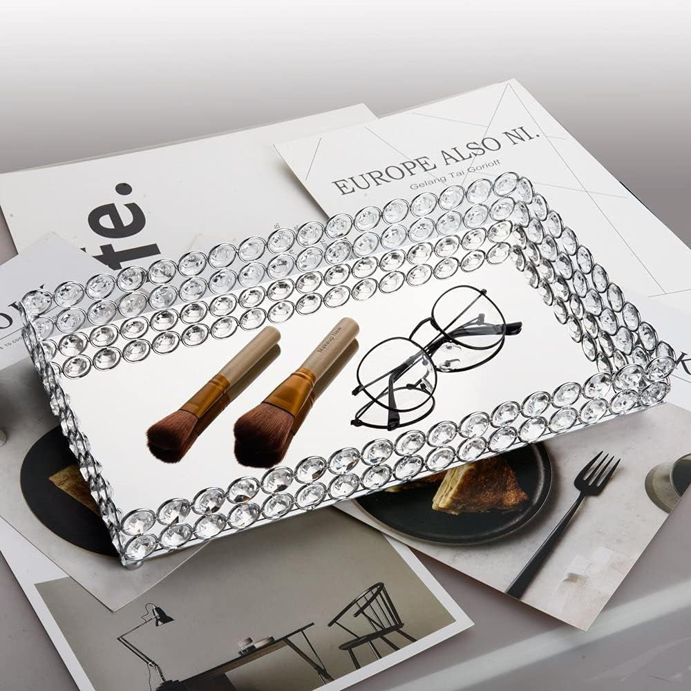 Mirrored Crystal Vanity Tray displayed with everyday items, adding a decorative touch to home decor