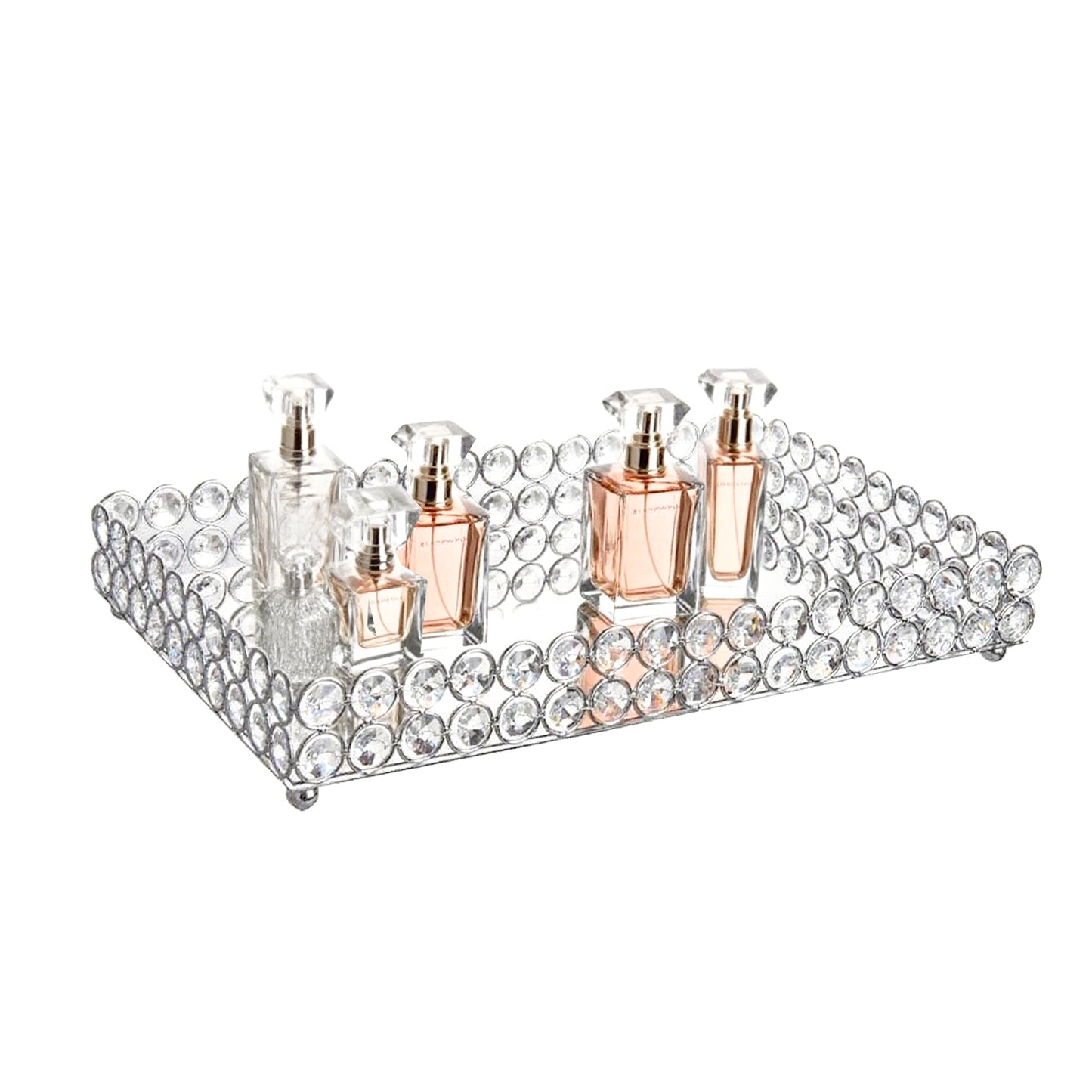 Feyarl Crystal Vanity Tray with mirrored surface, decorative organizer for jewelry, perfume, and makeup display