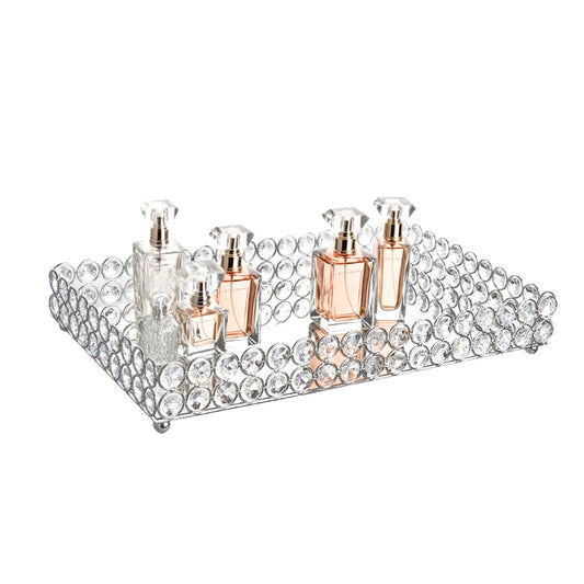 Feyarl Crystal Vanity Tray with mirrored surface, decorative organizer for jewelry, perfume, and makeup display
