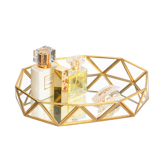 Feyarl Gold Glass Mirror Vanity Tray with octagonal design for jewelry and cosmetic display
