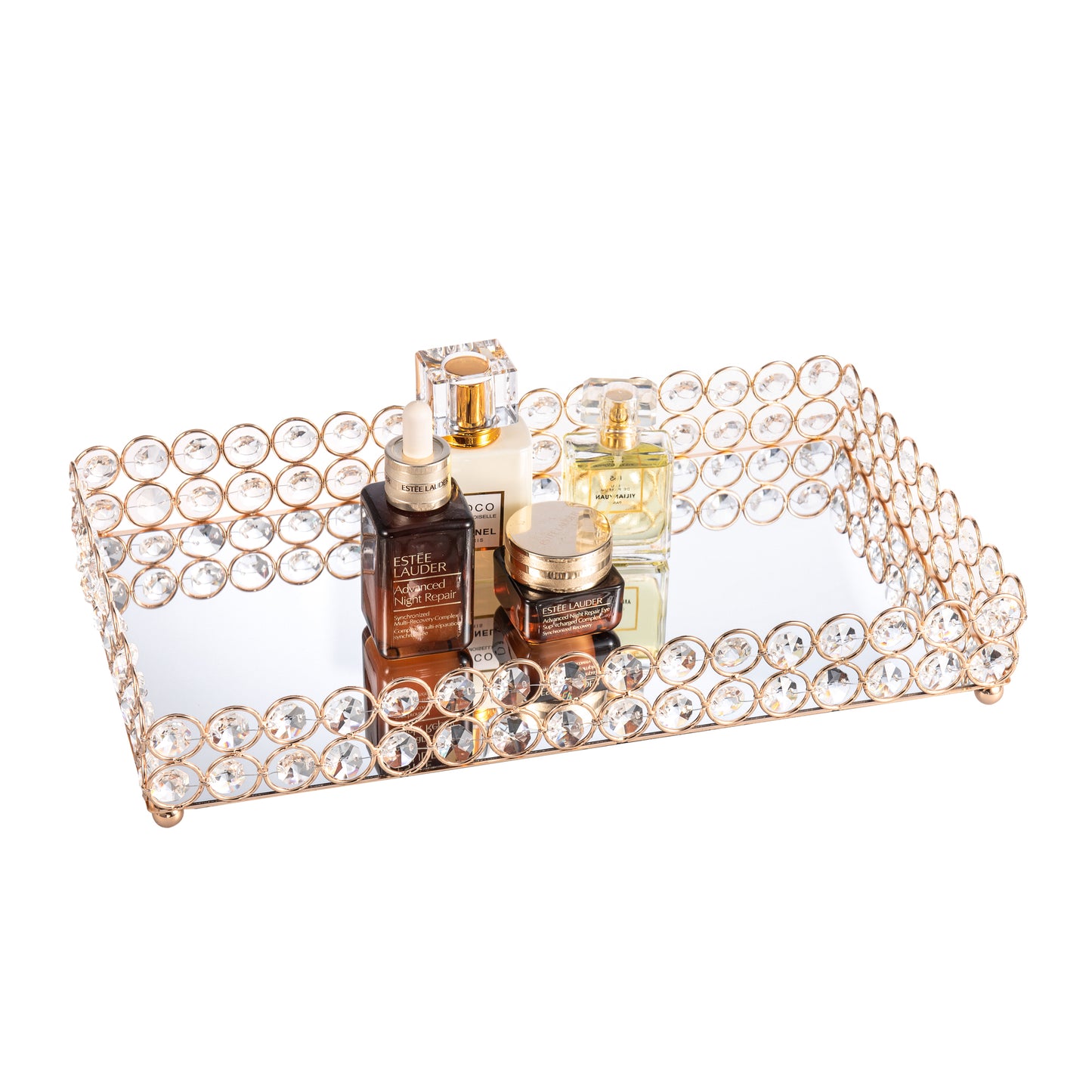 Versatile Crystal Vanity Tray with perfume bottles and containers, creating an elegant organizer and thoughtful gift for women