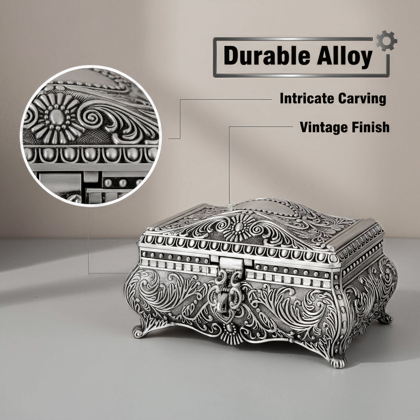 Vintage Jewelry Box Detail Featuring Decorative Engraved Alloy Surface and Classic Antique-Style Finish