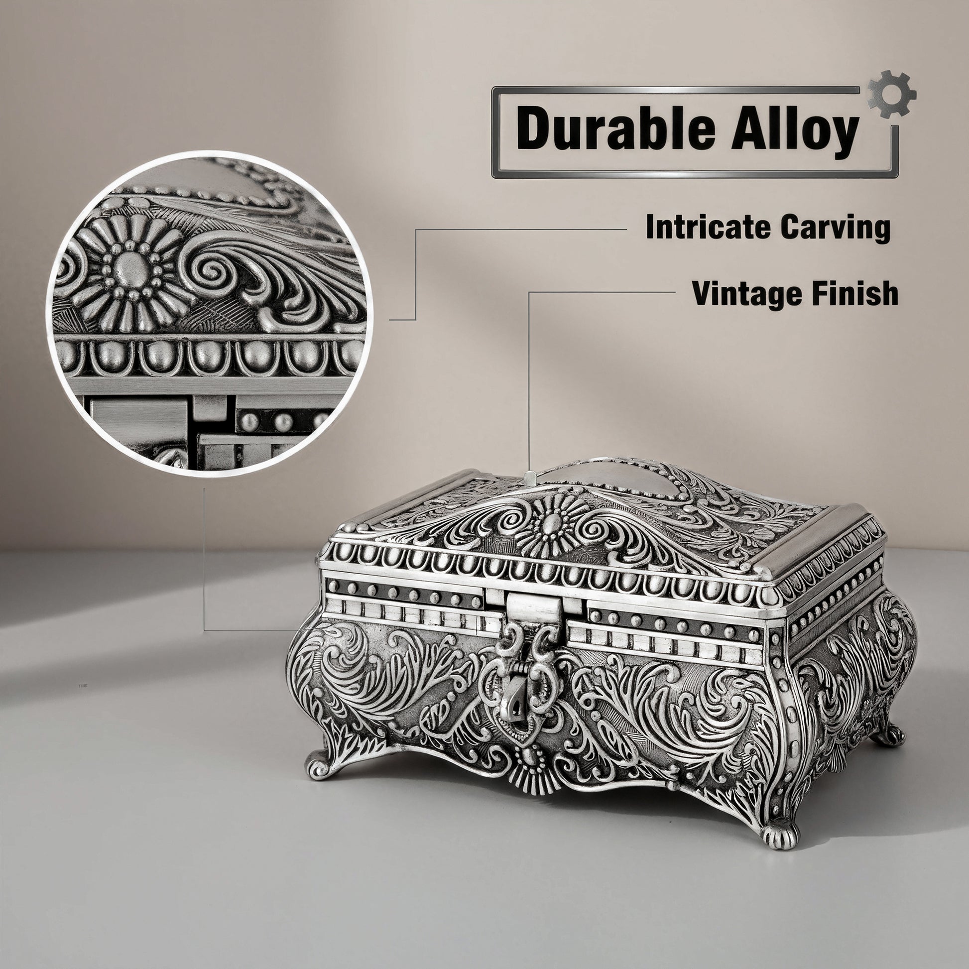 Vintage Jewelry Box Detail Featuring Decorative Engraved Alloy Surface and Classic Antique-Style Finish