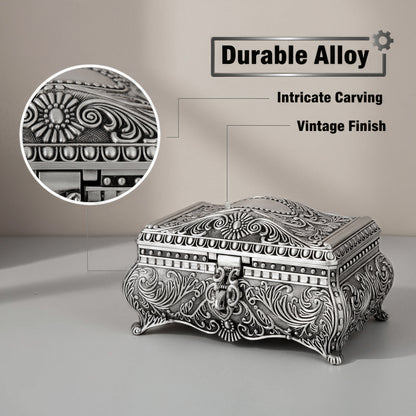Vintage Jewelry Box Detail Featuring Decorative Engraved Alloy Surface and Classic Antique-Style Finish