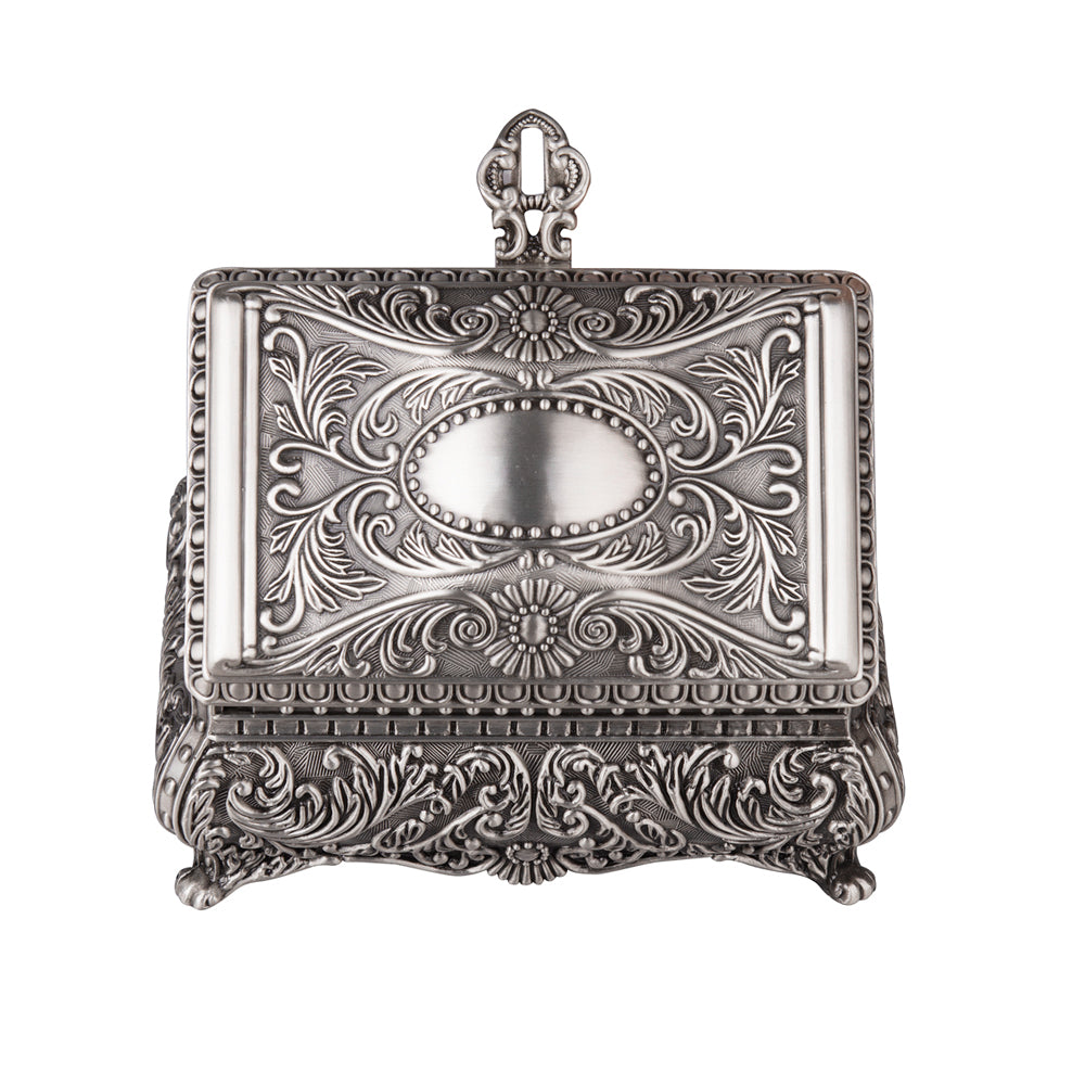 Feyarl Vintage Jewelry Box with Silver Antique Finish, Floral Engraved Alloy Design, and Velvet Interior for Elegant Jewelry Storage
