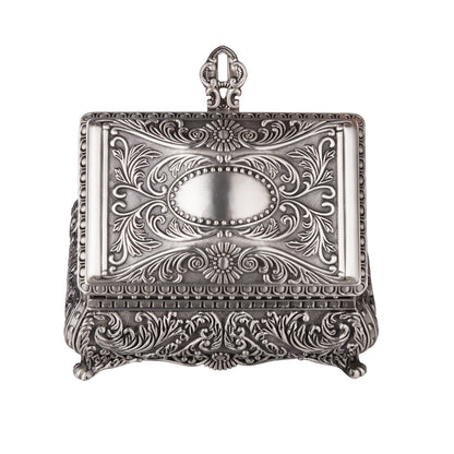 Feyarl Vintage Jewelry Box with Silver Antique Finish, Floral Engraved Alloy Design, and Velvet Interior for Elegant Jewelry Storage