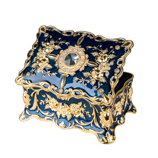 Feyarl Vintage Jewelry Trinket Box Featuring Blue Velvet Lining and Antique Floral Metal Details for Rings and Earrings
