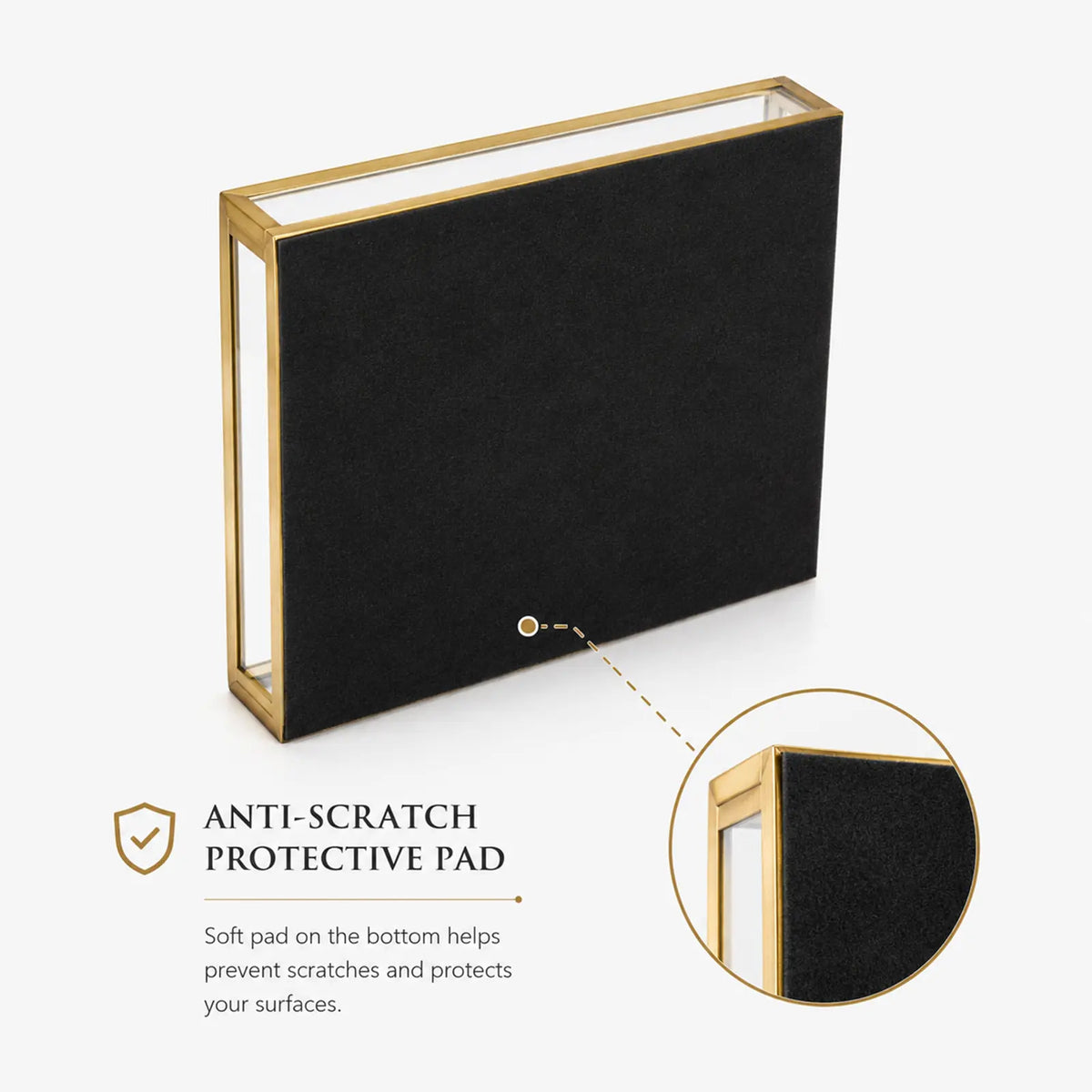 Gold Glass Watch Tray bottom detail featuring anti-scratch protective pads to help protect desktop surfaces