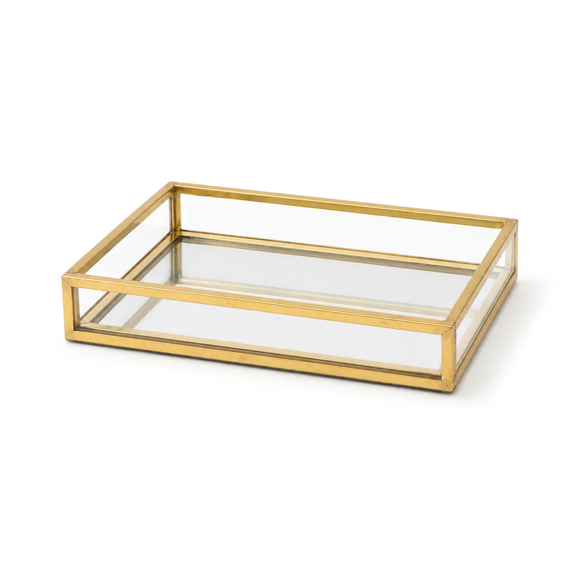 Feyarl Gold Glass Jewelry Tray with clear glass sides for elegant display and organized storage of small essentials