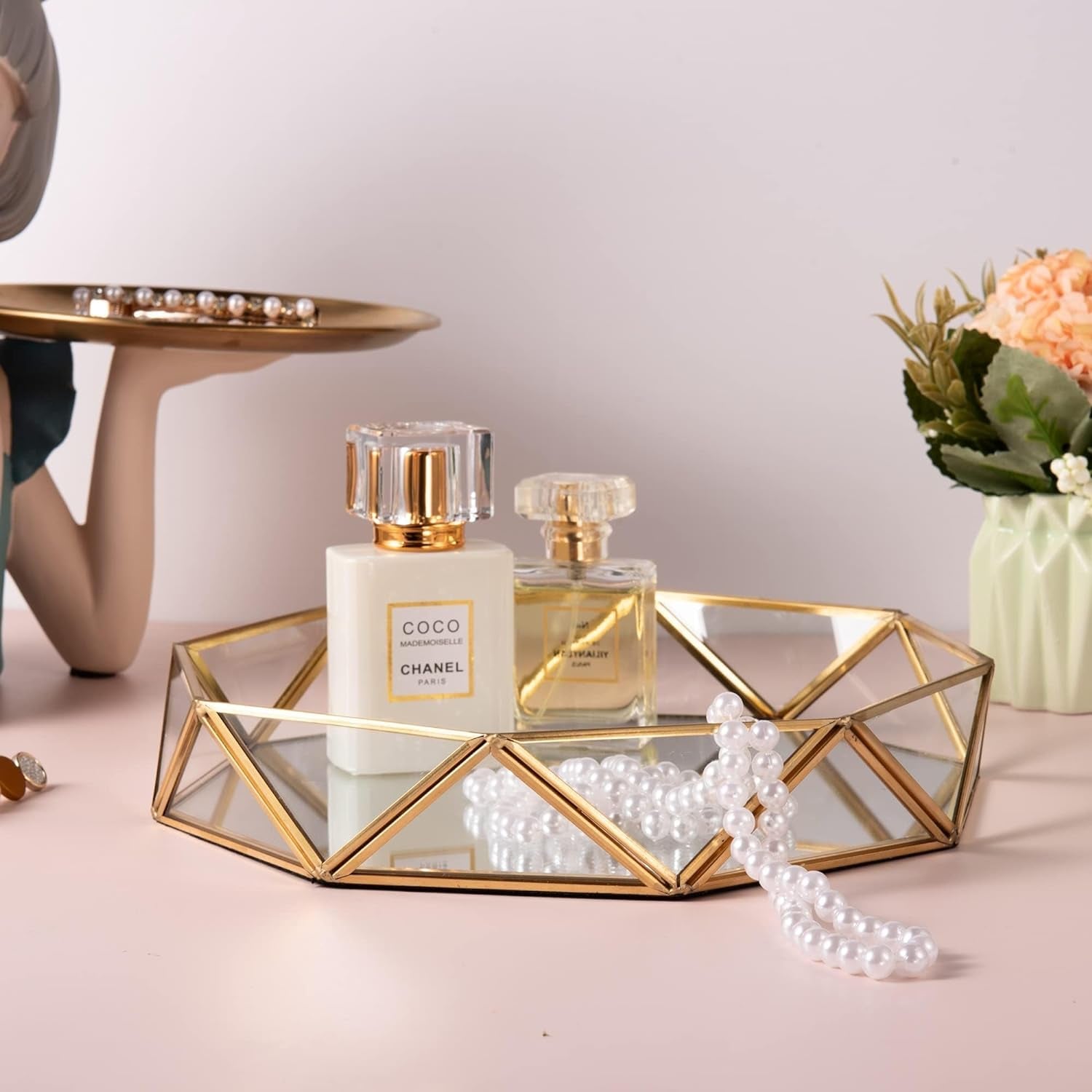Gold Glass Perfume Tray Mirror Vanity Jewelry Trinket Organizer Tray Ornate Cosmetic Makeup Display Geometric Shape Display Decorative Tray for Home Decor Dresser Tabletop Countertop (9.5Inch)