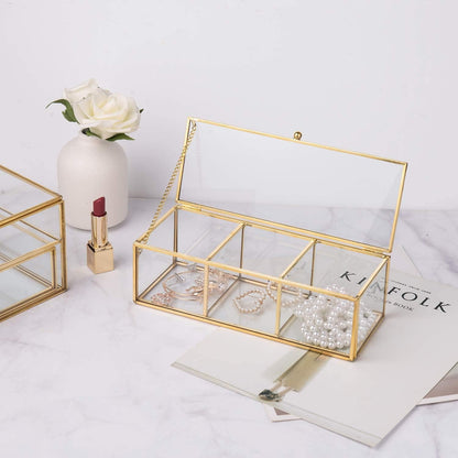 Gold Glass Tea Bags Box with Lid Cosmetics Countertop Canister Box Jar Storage Glass Jewelry Trinket Ring Earring Display Box Container for Cotton Swabs Makeup Sponges Bath Salts