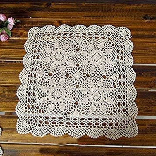 Crochet Placemats Table Doilies Square Handmade Cotton Lace Thread Cloth 1-Piece, 14X14 Inch (Beige)