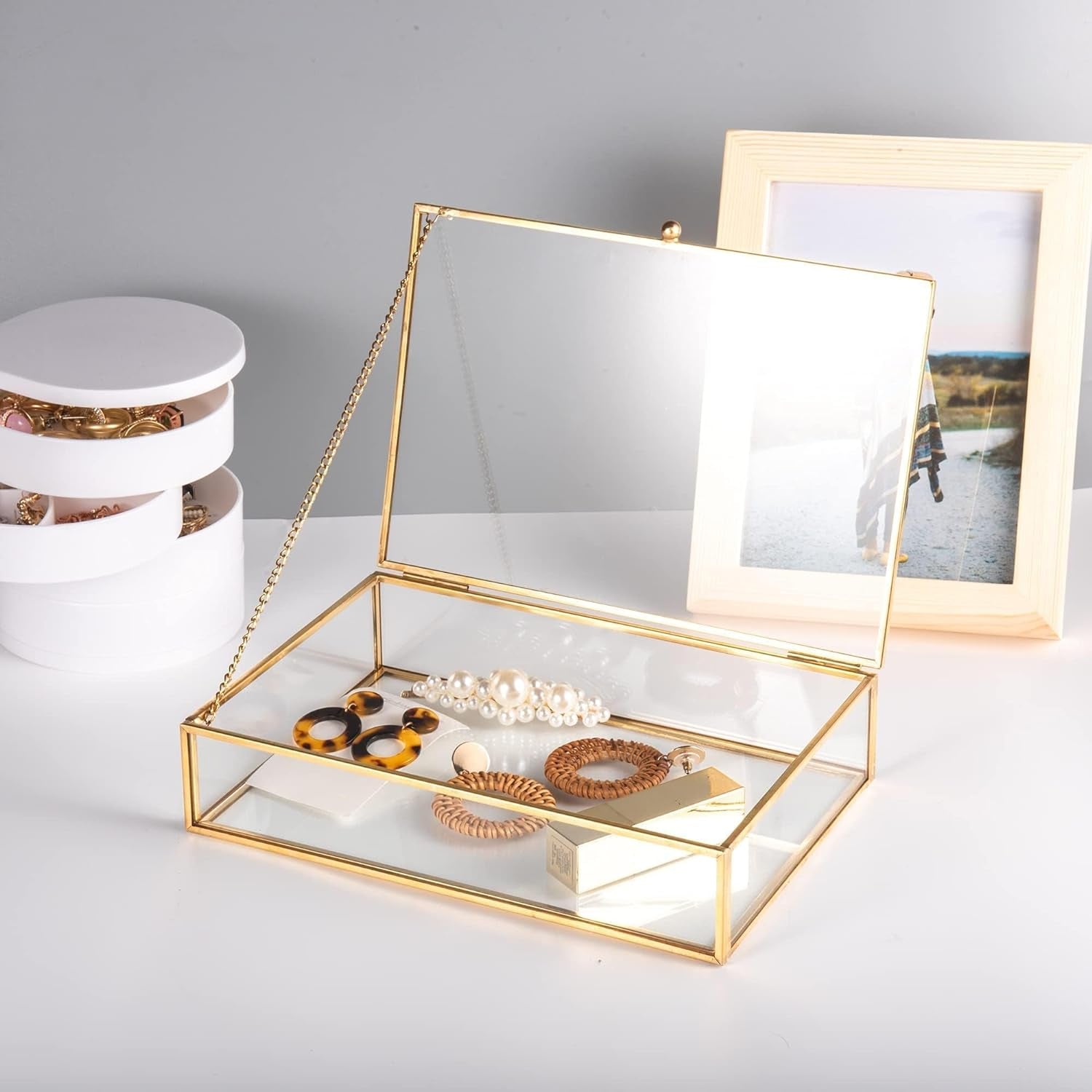 Gold Clear Glass Jewelry Trinket Box Photo Cards Shadow Lidded Box Organizer Collection Display Case Decorative Keepsake Box for Home Deco