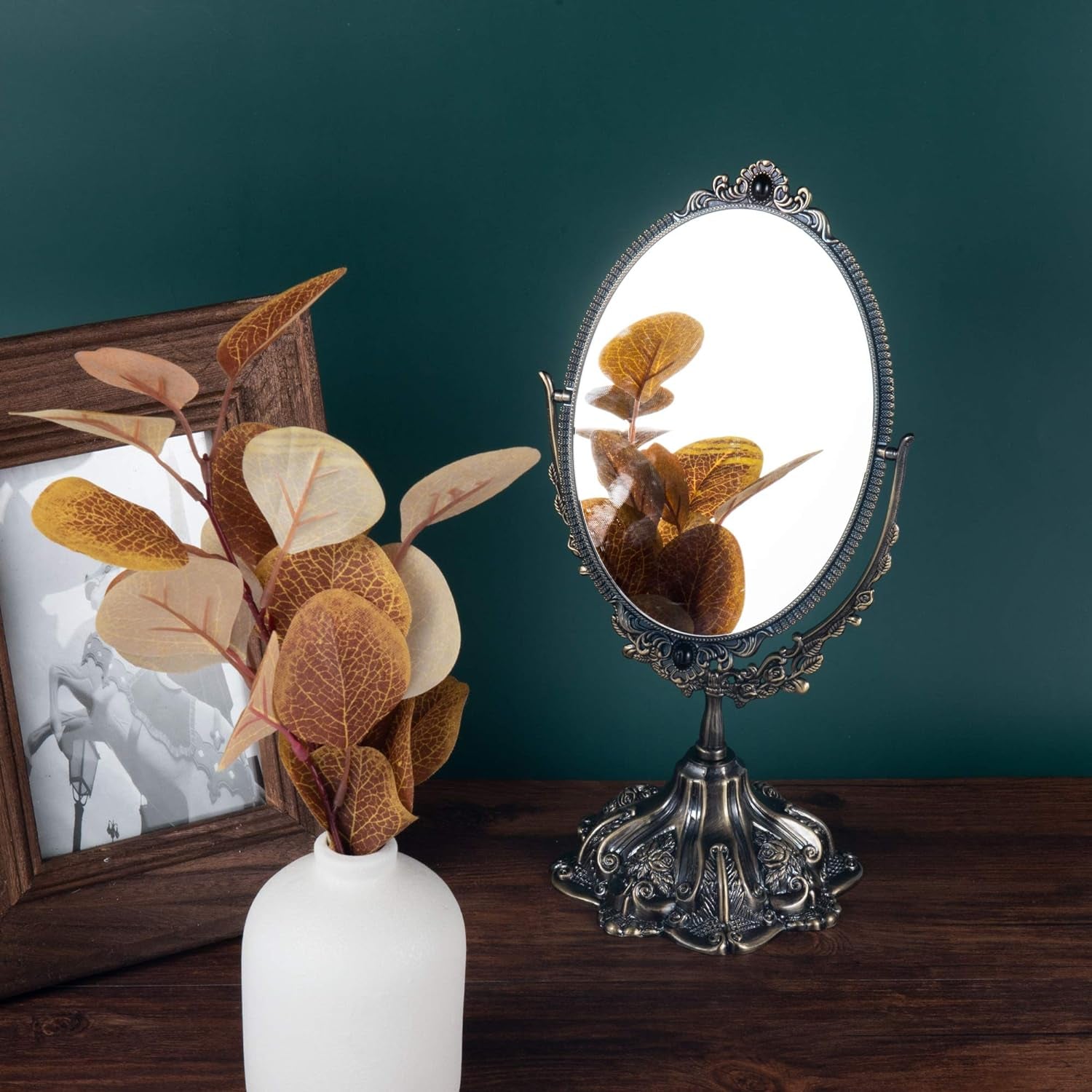 11.2 Inch Metal Vintage Makeup Mirror Floral Tabletop Oval Vanity Swivel Double Sided Mirror with Stand Elegant Decorative for Dressing Room Bedroom (Bronze)