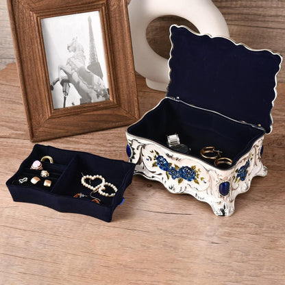 Vintage Jewelry Trinket Box Ornate Ring Earring Display Chest Case Antique Decorative Keepsake Organizer Box for Birthday Woman Girl Gift (Blue White)