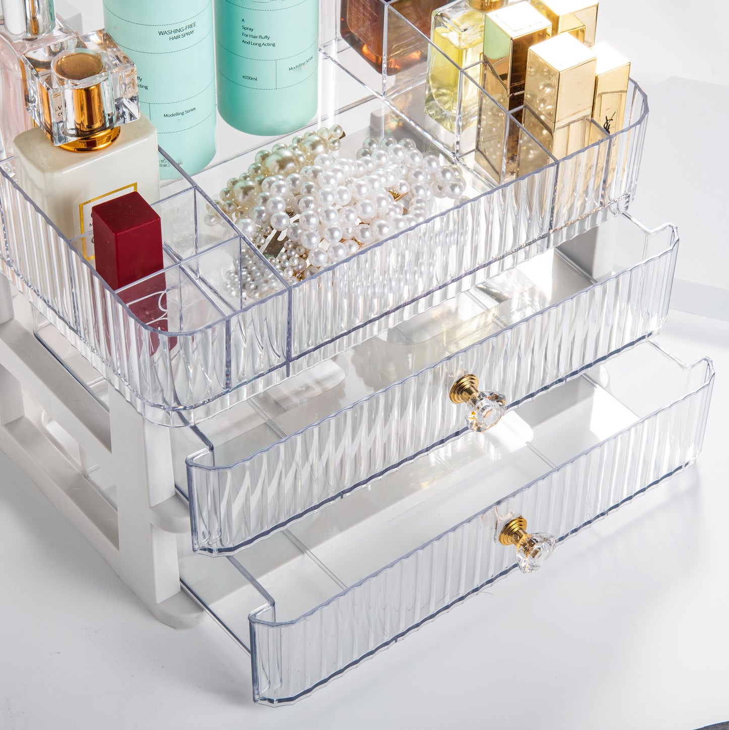 Feyarl Clear Makeup Organizer with 2 Large Drawers – Stylish Vanity Storage for Perfume, Skincare, Lipstick, and Nail Polish