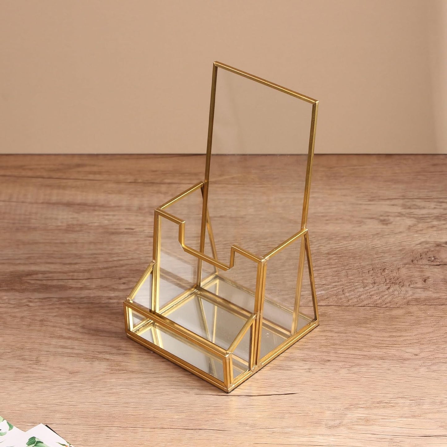 Gold Glass Brochure Holder Pamphlets Cards Literature Holder Flyer Trifold Holder Glass Display Stand with Business Card Holder for Brochures Magazines Literatures Display Countertop