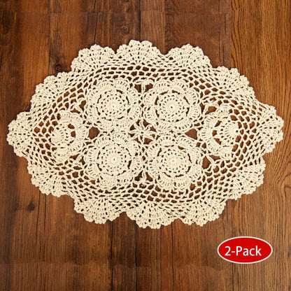 Eiyye Lot de 2 napperons ovales en coton crocheté faits à la main en dentelle 30,5 x 43,2 cm, beige