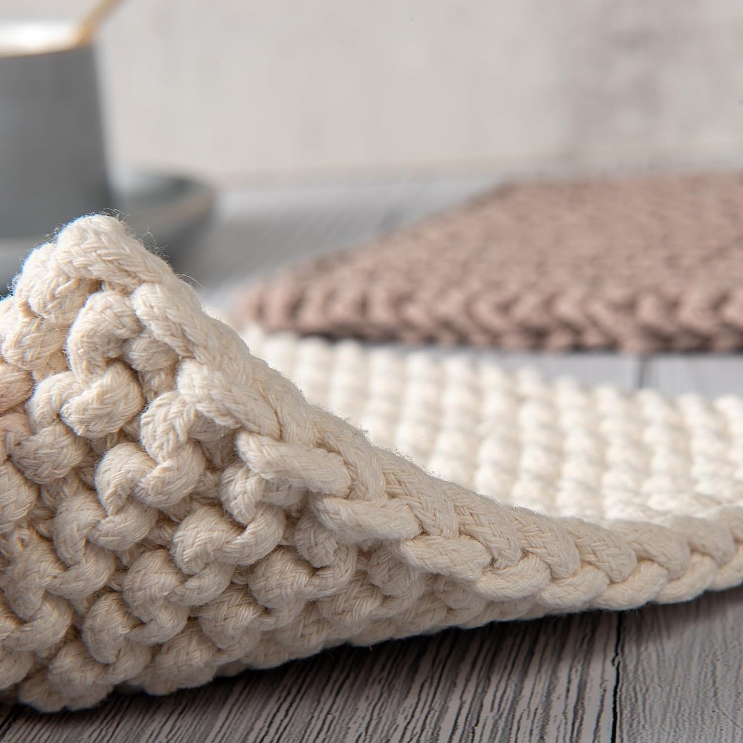 Thick Crocheted Pot Holders, Handmade Hot Pads without Pocket (2-Pack), 8"X8", High Heat Resistance (White and Taupe)