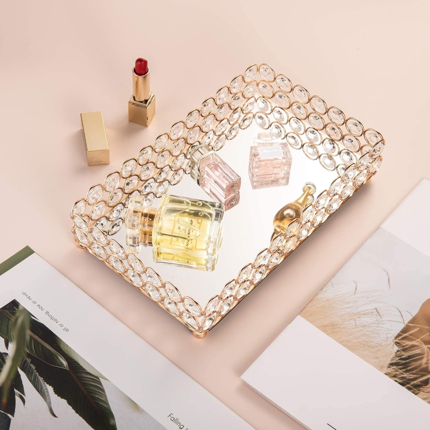 10 Inch Crystal Cosmetic Perfume Tray Vanity Makeup Jewelry Trinket Organizer Mirrored Decorative Tray Storage Home Deco Wedding Dresser Birthday Gift (Gold)