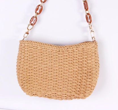 Woven Crossbody Bag Straw Bag Shoulder Bag Adjustable Shoulder,Chain Strap Bag Summer Beach Bag, Beige