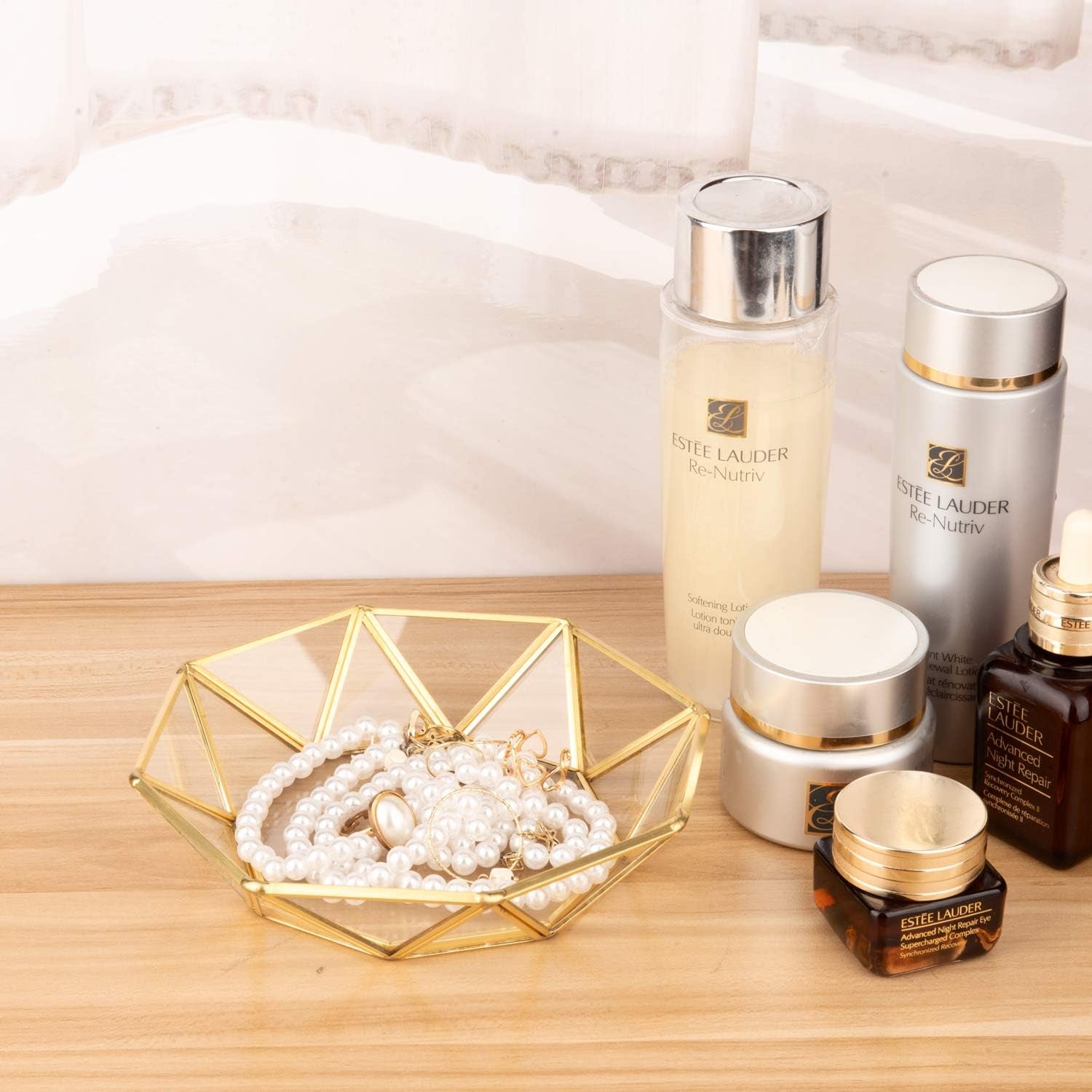 Gold Clear Glass Jewelry Trinket Tray Dish Plate Ornate Ring Earring Cosmetic Vanity Decorative Tray Organizer Storage for Display Dressing Tabletop Countertop(Octagonal)
