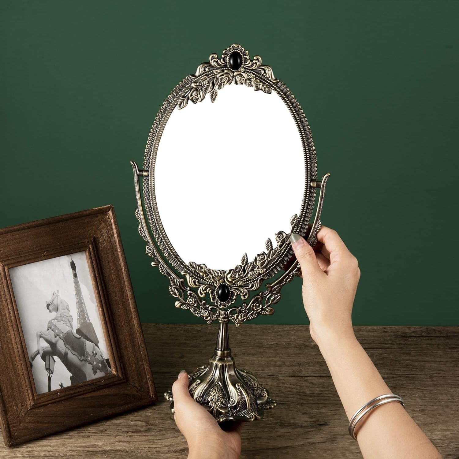 15Inch Metal Vintage Makeup Mirror Tabletop Oval Cosmetic Vanity Mirror Stand Double Sided Swivel Mirror with Embossed Frame Base Decorative Elegant Mirror for Bathroom Bedroom Dresser Tabletop