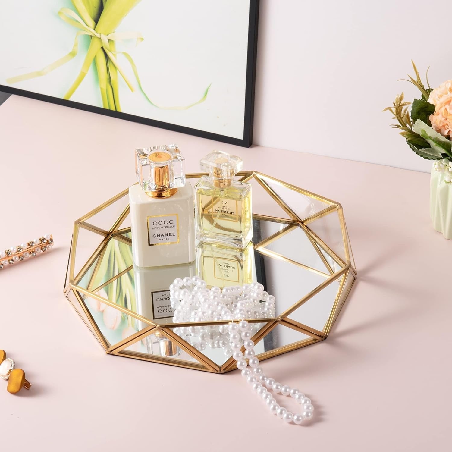 Gold Glass Perfume Tray Mirror Vanity Jewelry Trinket Organizer Tray Ornate Cosmetic Makeup Display Geometric Shape Display Decorative Tray for Home Decor Dresser Tabletop Countertop (9.5Inch)
