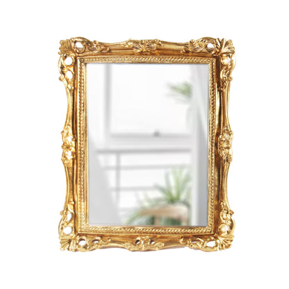 Miroir de maquillage rectangulaire vintage doré Feyarl | Miroir de courtoisie en résine de 10,8 x 9,4 pouces pour montage mural ou sur table | Miroir décoratif élégant pour commode et bureau