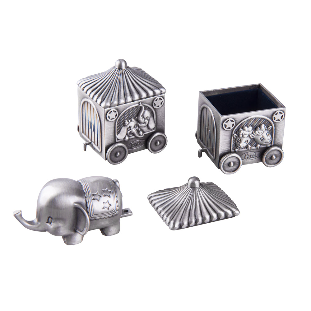 Elephant Keepsake Box Featuring Removable Elephant and Two Car-Shaped Boxes with Modular Assembly Design