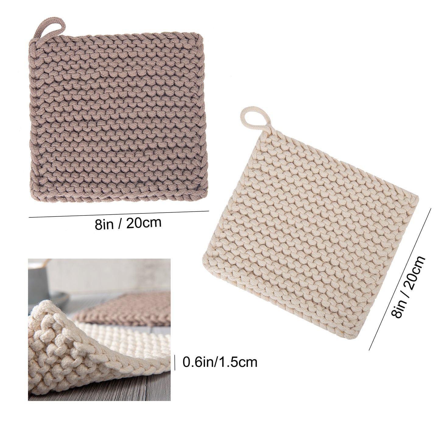 Eiyye Thick Crocheted Pot Holders, Handmade Hot Pads without Pocket (2-Pack), 8"X8", High Heat Resistance (White and Taupe)